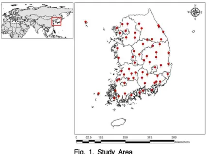 Fig. 1. Study Area였으며, 다양한 인자 간의 상관관계를 기반으로 종속변수를 다른 회귀 방법에 비해 효과적으로 예측하는 SVM-Regression 방법을 적용하여 강우에 대한 상세화를 수행하였다