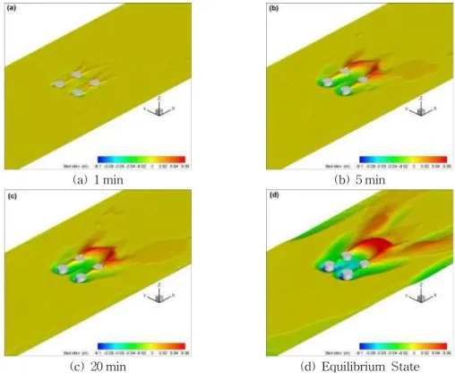 Fig. 6. Three-dimensional Process of Scour Development around the Pile Group of s/D=5.0