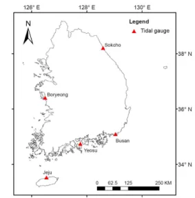Fig. 1. Map of Tidal Gauges Applied to This Study                (8)여기서, 특정 확률는 0과 1의 범위를 가지며, 모형 수행자에 따라 주관적으로 주어지는 값이다.Carlin et al