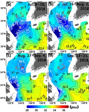 Fig. 4. (Color online) Horizontal distribution of 8 day  averaged SMAP SSS : (a) July 8 ~ 16, 2018, (b) July  25 ~ August 2, 2018, (c) August 27 ~ September 4,  2018, (d) September 13 ~ 21, 2018