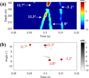 Fig. 8. (a) Channel Impulse Response (CIR) from the  probe signal, (b) Beam-time migration from the CIR.