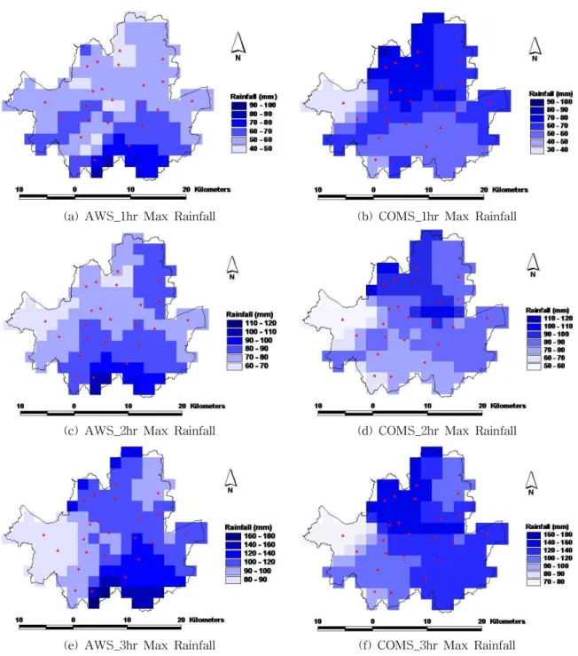 Fig. 8. Comparison of Spatial Distribution Patterns between AWS and COMS Data to Extreme Rainfall Event on July 27, 2011 3.5 극치 강우 모니터링 상관관계 검증 일반적으로 상관계수는 두 변수 사이에 존재하는 관계 의 특성과 정도에 대한 정보를 제공한다