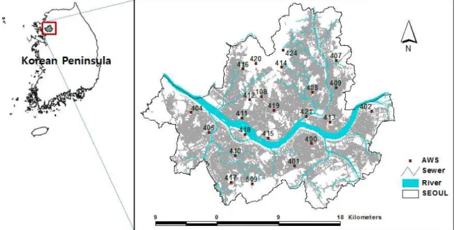 Fig. 5. Location of Seoul and Distribution of AWS Observatories장 인구밀도가 높고 집중호우에 의한 홍수피해 영향을 많이 받는 지역 중 하나이다