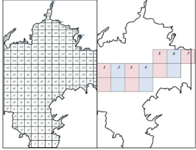Fig. 4. Grid and Channel Reach in the Study Area은 지형학적 퇴적작용이 가능한 최대 하천공간이라고 볼수 있으며, 이는 잠재적 홍수범람이 가능한 최대공간을포함할 수 있다