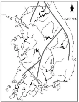 Fig. 1. Map of Mountain Ranges (thick line) and Major Rivers in Korea (Chung, 2013)