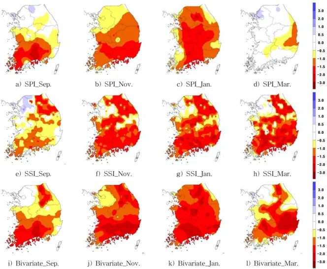 Fig. 5. Spatial Analysis of SPI, SSI and Bivariate Joint Drought Index (2008.09∼2009.03)