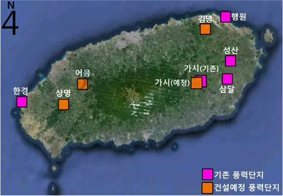 Fig. 21 Study rage and positions of wind farms of Jeju Island.
