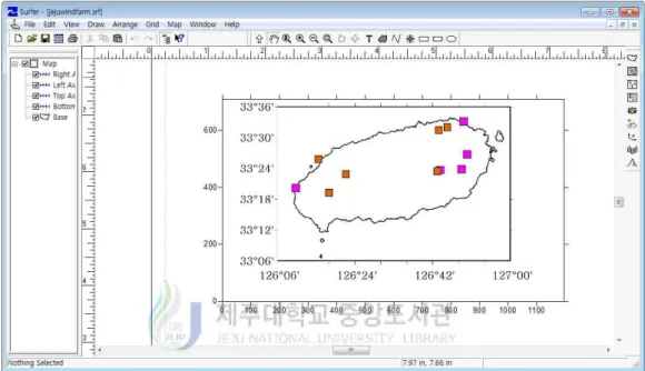 Fig. 25는 낙뢰지도를 만들기 위해 사용된 소프트웨어 Surfer 8이다. 낙뢰일수 와 낙뢰횟수를 나타내는 지도는 Kriging method를 이용하였다