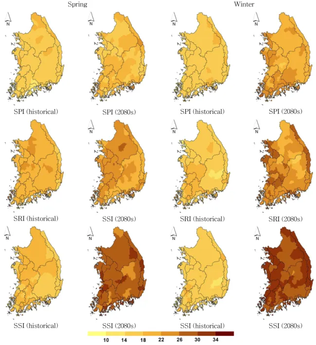 Fig. 5. Spatial Analysis of Drought Frequency in Spring And Winter1.9%, 미래 3기간이 2.2%, 2.6%, 2.1%, SSI는 과거 1.9%,미래 3기간이 각각 1.5%, 2.2%, 3.0%로 증가하였다