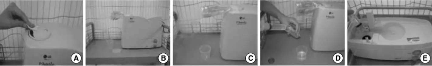 Fig. 2. Waterdrop sampling from the outlet of humidifier. (A) Rub outlet of humidifier with alcohol cotton