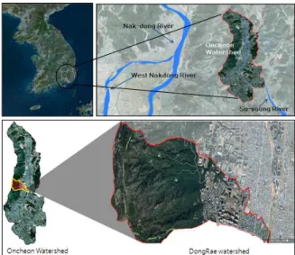 Fig. 1. The Location of Study Area활용하였다. LID 설치 시 물순환 개선효과와 CSO 저감효과를 분석한 바 있다. Rob James (2012)는 CN값을 활용하는 방법 대신 SWMM 모형 내 LID 기법의 모의기법을활용한 소규모 배수구역에서의 Street Planter의 설치에따른 유출량과 오염량 감소에 대한 분석 등을 실시한 바있다