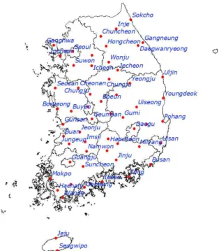 Fig. 1. Locations of the Weather Stations Used in this Study