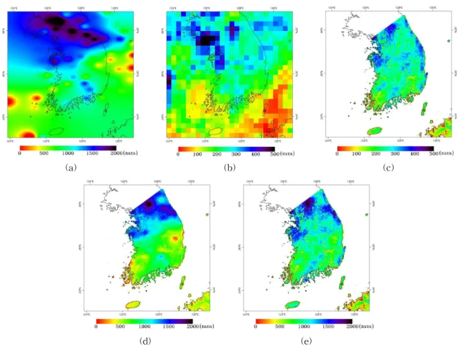 Fig. 4. Precipitation of the South Korea May to September in 2011. (a) Mapping of 73 rain gauge sites using IDW method, (b) Original TRMM 3B43 V7 Data, (c) Downscaled precipitation with TRMM-NDVI regression, (d) Downscaled precipitation with GDA method, (e