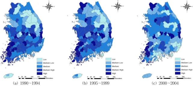 Fig. 4. The Results of Flood Vulnerability Index in Each Watershed4.1.2 홍수취약지수(FVI)