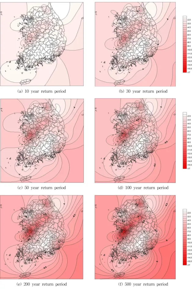 Fig. 6. Drought Severity Contour Map of Each Return Period (1976～2009; 2 month duration)