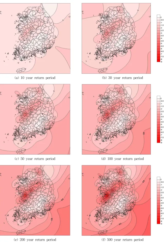 Fig. 7. Drought Severity Contour Map of Each Return Period (1976～2009; 4 month duration)