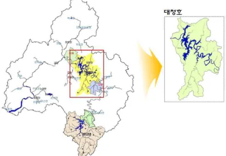 Fig. 1. Study Area시간 수질변화를 감시하기 위한 수질자동측정소를 설치하여 운영하고 있다. 특히 이 지역은 2001년 이후 꾸준히매년 여름 마다 조류 주의보 및 경보가 여름철에 상습적으로 발생하고 있다