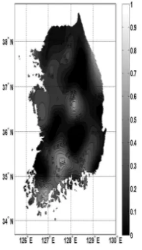 Fig. 8. Superposition of Return Period (years) of Droughts Based on Bivariate Analysis사상의 재현기간에 해당하는 가뭄위험은 한강 권역 일부,영동 권역, 낙동강 권역에서 인근 지역보다 상대적으로가뭄발생위험이 크게 나타났다.본 연구에서 구축한 월 단위 모의강수량을 이용하여 추출한 가뭄사상에 대하여, 이전과 동일한 절차 및 방법을적용하여 이변량 가뭄빈도해석을 수행한 결과, Fig