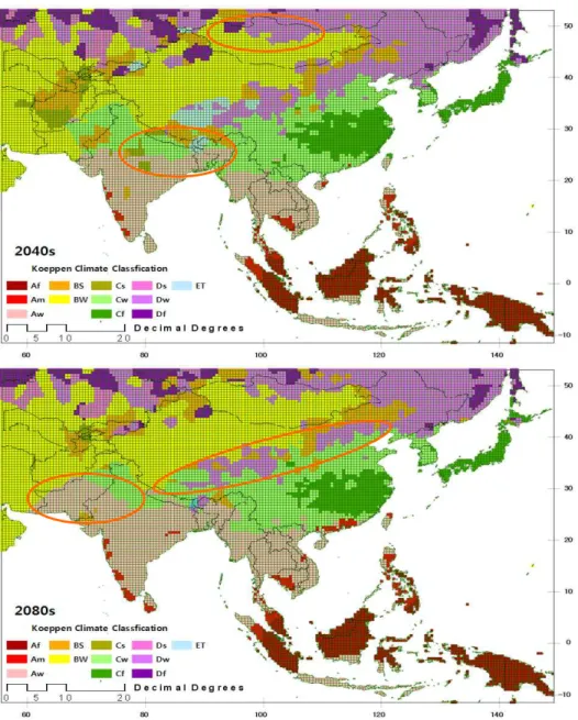 Fig. 6. The Spatial Distribution of Köppen Climate Classification at Each Period Under A2 Scenario (열대몬순)기후가 나타날 것으로 전망되었다