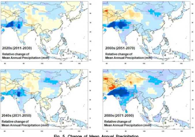 Fig. 5. Change of Mean Annual Precipitation Köppen Climate types PeriodBase2020s2040s 2060s 2080sRelative area Changerate(%) Relativearea Changerate(%) Relativearea Changerate(%) Relativearea Changerate(%) A 17.96 20.33 2.37 19.87 1.91 23.04 5.08 25.16 7.2