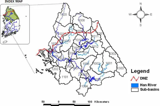 Fig. 1. The location of Study Area. The Han River Basin is Located in the Center of the Korean Peninsula분하여 한강유역의 중권역별 여름강우량을 대상으로 엘니뇨 패턴 변화에 따른 강우량의 변동 특성을 분석하였다