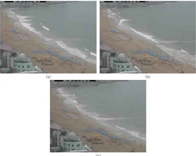 Fig. 2. Rip Current Observed at Haeundae Beach. An Snapshot at (a) 11:21, (b) 11:31, (c) 11:58 on the 12th of June, 2011shore direction)으로 일직선이 되도록 설정하였다