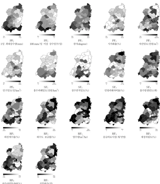 Fig. 3. Spatial Distribution of Flood Indexing Factors in the Nakdong River Watershed