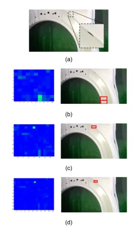 Fig.  12 0.2 x 2cm  damaged  image  (a)  crack  image  (b)  result  image  of  8.5 × 4.5  window  (c)  result  image  of  5.7 × 3  window  (d)  result  image  of  4.3 × 2.3  window