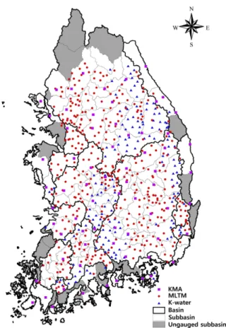 Fig. 1. Rainfall Gauge Station in Korea (KMA, MLTM, K-water)1. 서 론점차 현실화되어 나타나고 있는 기후변화로 인해 미래물관리 여건의 불확실성이 증가하고 홍수나 가뭄 등 물관련 재해로 인한 피해 가능성 또한 증가할 것으로 전망되고 있다(국토해양부, 2010)