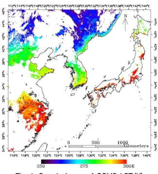 Fig. 1. Sample Image of COMS LST (K) (1934 × 1544), 공간해상도 4 × 4 km로 산출되는 기상·지상 학적 요소(Level 2)인 지표면온도(LST)자료를 사용하였다 (Fig