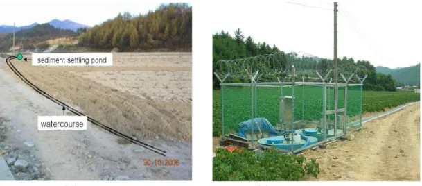 Fig. 2. Sediment Settling Pond (Hyun et al., 2008)랭지밭에 WEPP 모형을 적용하여 경사도별 토사유출량의변화를 분석한 연구가 있다.따라서 본 연구의 목표는 다양한 확률강우, 강우강도 및Huff 4분위를 이용한 유출 첨두유출 토양유실량의 변화를 비교 평가하는 것이며, 본 연구의 결과를 통해 수생태계 건전성 향상을 위한 정책 수립과 집중호우시의 피해를예방하기 위한 대책수립의 기초 자료를 제시하고자 한다.2