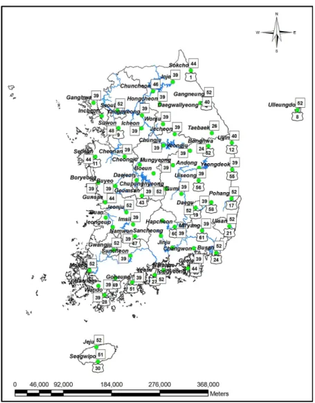 Fig. 1. Weather Stations Used in This Study arg ∈           (3) 마찬가지로 에 해당하는 표본 Quantile  은 Eq