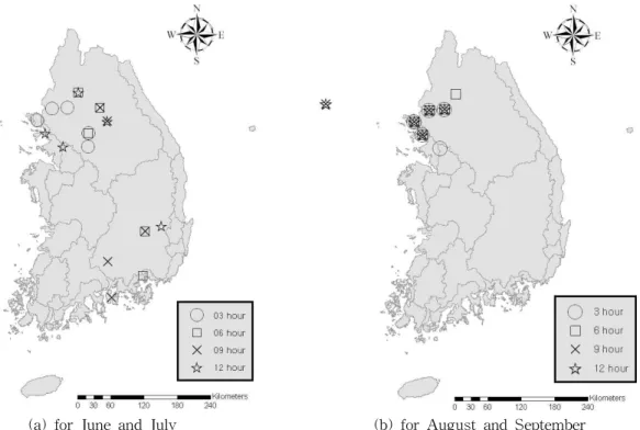 Fig. 6. Selected Input Sites of (a) June and July, (b) August and September by Analyzing the Relationships between the Precipitation of the Target Site and that of 75 AWS sites according to the Forecast Lead Timeratio @ 550 mb에 대해 예측선행시간별로 교차상관분석을 실시한 결과 선