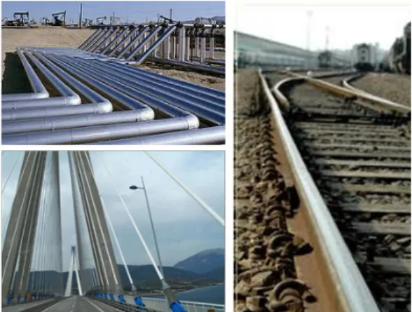 Fig.  1 Continuum  structures  of  infrastructures 이러한  연속체  구조물의  경우  대부분  외부환경 에  노출되어  있어  다양한  환경적,  물리적  요인으 로  인해  부식,  크랙,  단선과  같은  국부손상이  발 생할  수  있는데  이러한  손상에  대한  초기  대처가  늦을  경우  특정부의  응력  집중,  유체  누출  등과  같은  원인으로  구조물  전체의  대형  사고로  이어 질  수 