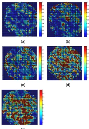 Fig.  9 Ultrasonic  C-scan  image  of  degradation  TBC  at  1,100˚C  using   def    value  (a)  25  hours  (b)  50  hours  (c)  100  hours  (d)  150  hours  (e)  150  hours-spallation