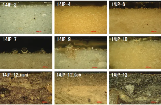 Figure  5.  Microstructure  images  of  body  and  glaze  for  the  sherds  observed  by  optical  microscope.