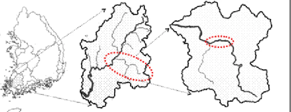Fig. 1. Location Map of Study Basin and Reaches. Study Sites is Located at Mid of Jiseok River (right) in the Youngsan River Basin (middle)
