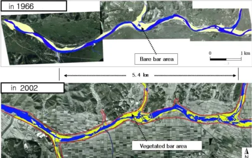 Fig. 2. Channel Morphological Changes by Comparison of Aerial Photographs Taken in 1966 (upper) and in 2002 (lower)