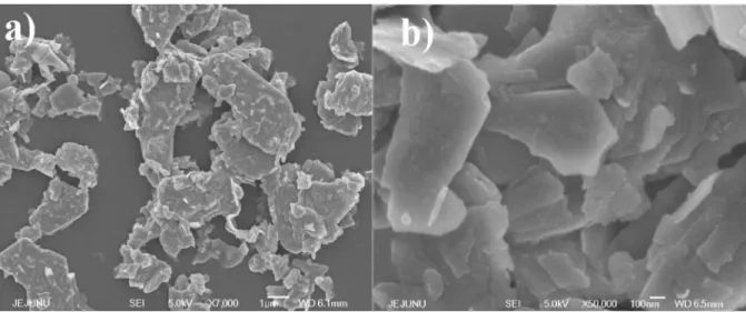Fig. 2.9 . Morphology of the materials used in the humidity sensor (a) FESEM image of the as exfoliated MoS 2