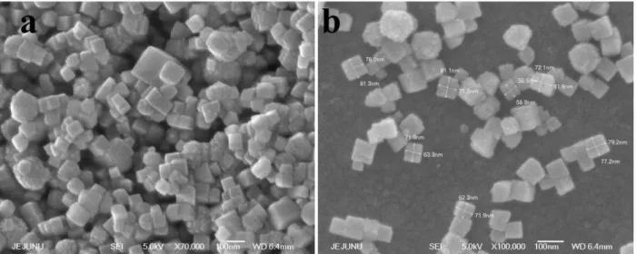 Fig.  2.12 .  (a,b)  FESEM  images  showing  cubic  shape  and  uniform  size  of  as  synthesized  ZnSnO3  NCs  via  an  aqueous solution method.