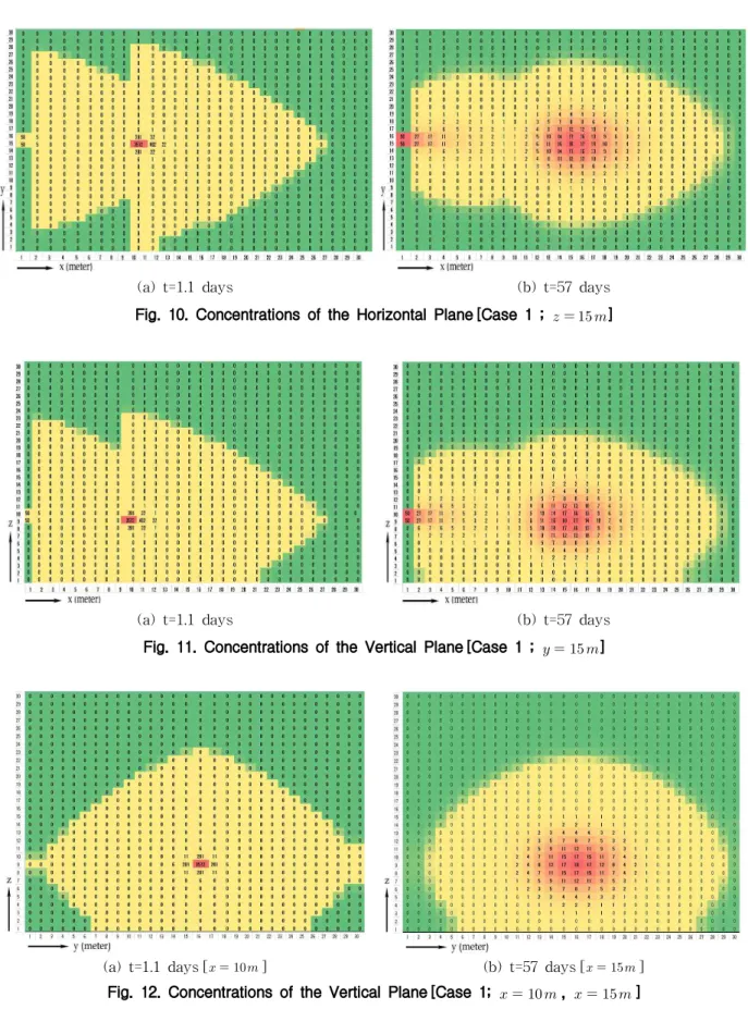 Fig. 11. Concentrations of the Vertical Plane [Case 1 ;     ]