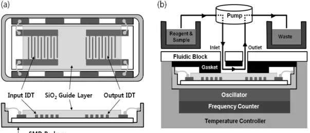 Fig. 1. (a) Top and cross-sectional views of the single-packaged SAW sensor. (b) Schematic diagram of the fluidic  and sensing blocks in SAW sensor system.