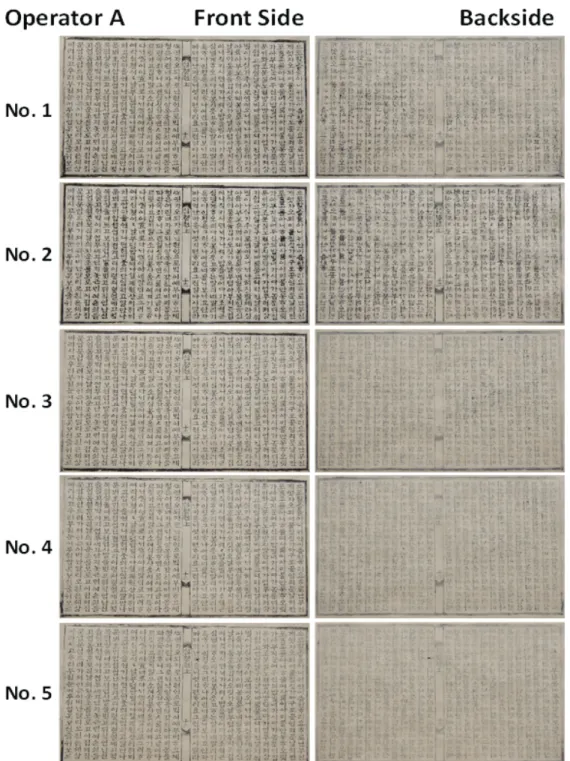 Figure 6과 Figure 7에 작업자 두 사람(Operator A와 B) 이 인출한 각 5장의 목판 인쇄물 앞면과 뒷면의 사진 이 미지를 정리하였다