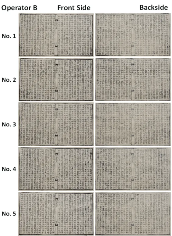 Figure  7.  Front  side  and  backside  images  of  five  printed  papers  by  operator  B