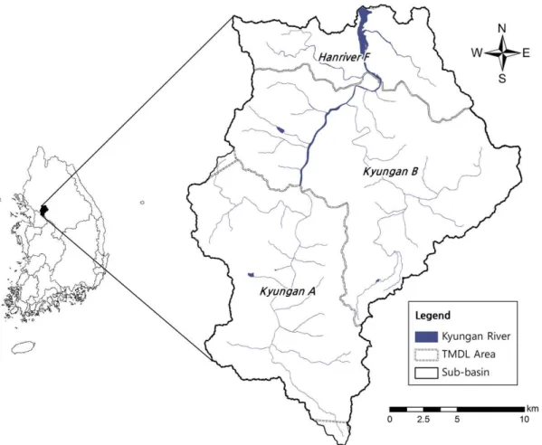 Fig. 6. Study Area : Kyungan River수질모델링과 가장 직접적인 연관관계를 가지는 수리계수 속성정보는 하천정비기본계획의 측량 결과 (하천단면자료)를 이용하였으며, 수질오염총량관리제에 주로 사용되는 QUAL2E에 필요한 인자를 우선 산정하였다 (국립환경과학원, 2006)