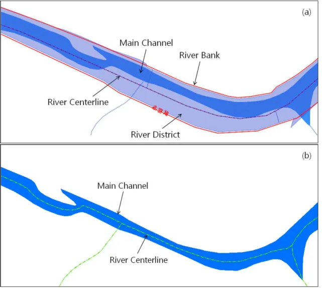 Fig. 4. Existing River Centerline (a) and Redefined River Centerline (b) 한다. 실폭 하천을 기준으로 한 하천 중심선이 하천 유량 또는 수위에 따라 상이하게 나타날 수도 있지만, 하천형 상의 표현과 Reach에 해당하는 하천단면자료를 파악해야 하는 Reach File의 하천 중심선 기능에는 무리가 없을 것 으로 판단된다