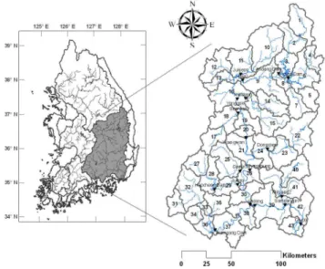 Fig. 2. Subbasin Boundary (Solid Line) and 19 Streamflow Stations (Inverted Triangle)Eq