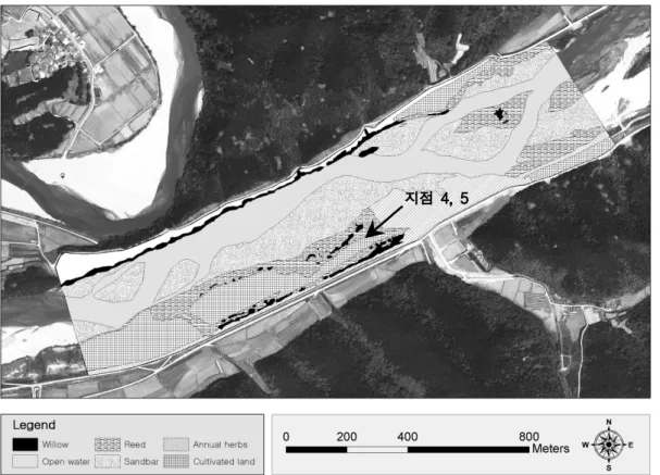 Fig. 9. Distribution of Vegetation of the Study Area (Mar. 2011)지점 4, 5 등을 조사하고 상호연관성을 조사 분석하였다