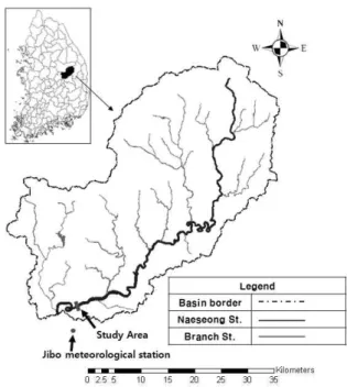 Fig. 1. A basin Map of Naeseong Stream, Location of Study Area and the Jibo Meteorological Station절, 유사이송 차단, 홍수교란 주기 변동 등을 제시하고 봄홍수의 중요성을 강조하였다