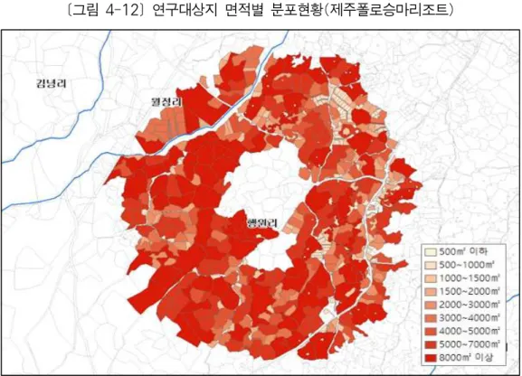 [그림 4-12] 연구대상지 면적별 분포현황(제주폴로승마리조트) 연구대상 토지를 토지 소유자 구분에 따라 현황을 파악하면 <표 4-14>와 같다